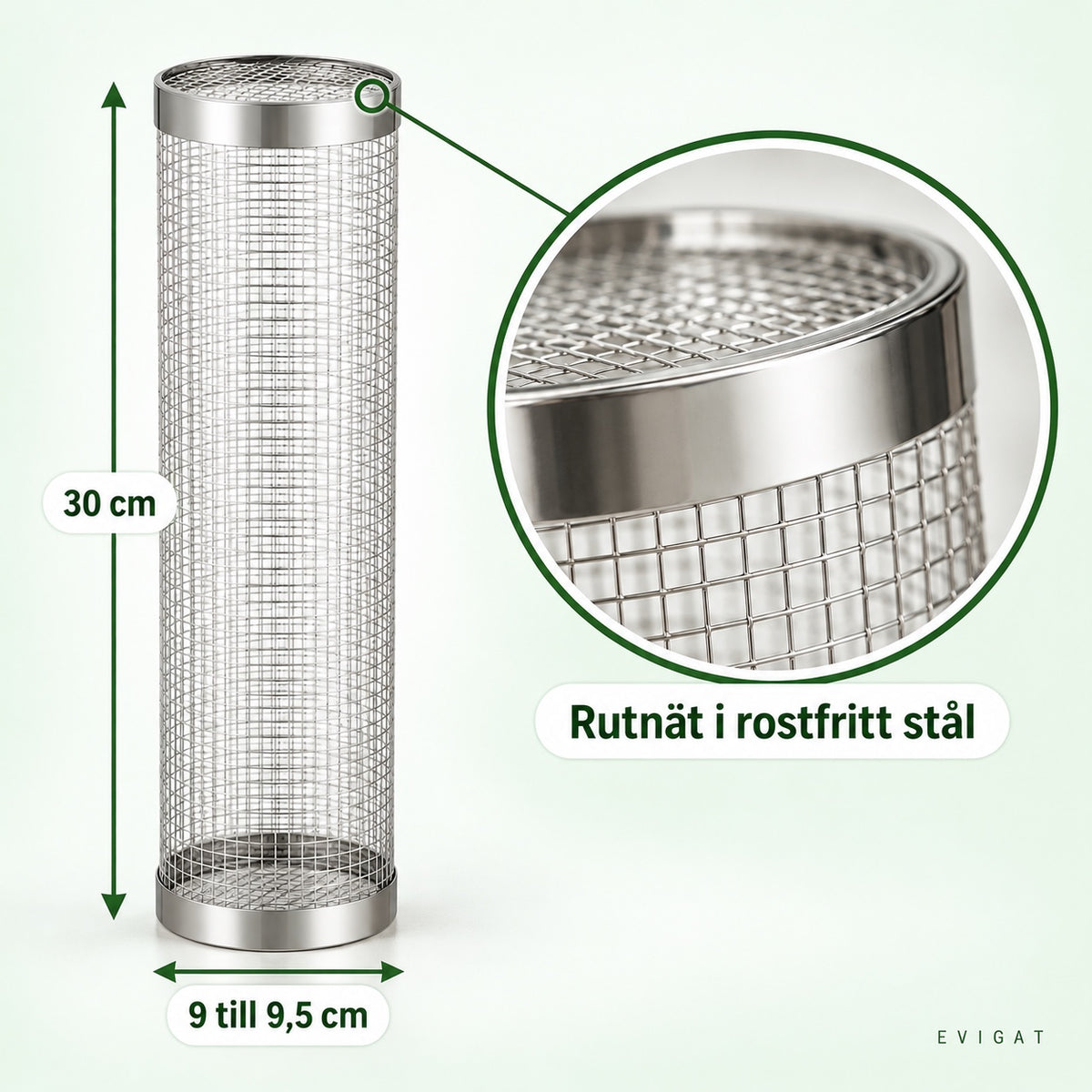 Rullande grillkorg i rostfritt stål, 30 cm lång och 9 till 9,5 cm i diameter