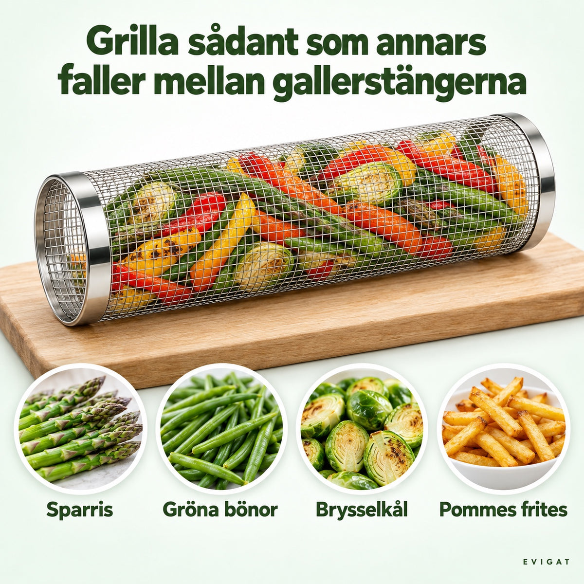 Rullande grillkorg fylld med grönsaker på en skärbräda
