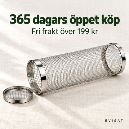 Rullande grillkorg i rostfritt stål med text om 365 dagars öppet köp och fri frakt över 199 kr