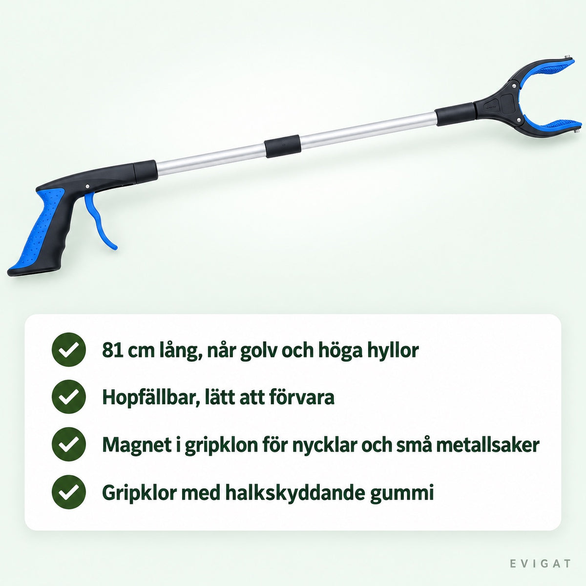 Blå och svart griptång med silverskaft, 81 cm lång, med fyra korta punkter om griptången