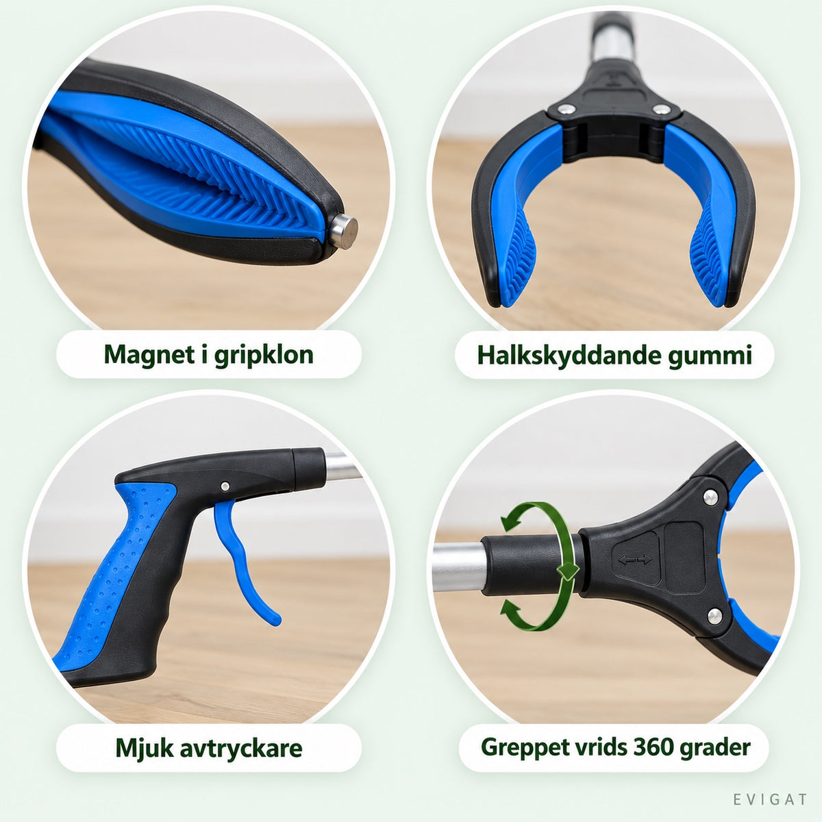 Fyra närbilder av griptången: magnet i gripklon, halkskyddande gummi, mjuk avtryckare och greppet som vrids 360 grader