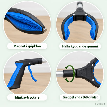 Fyra närbilder av griptången: magnet i gripklon, halkskyddande gummi, mjuk avtryckare och greppet som vrids 360 grader