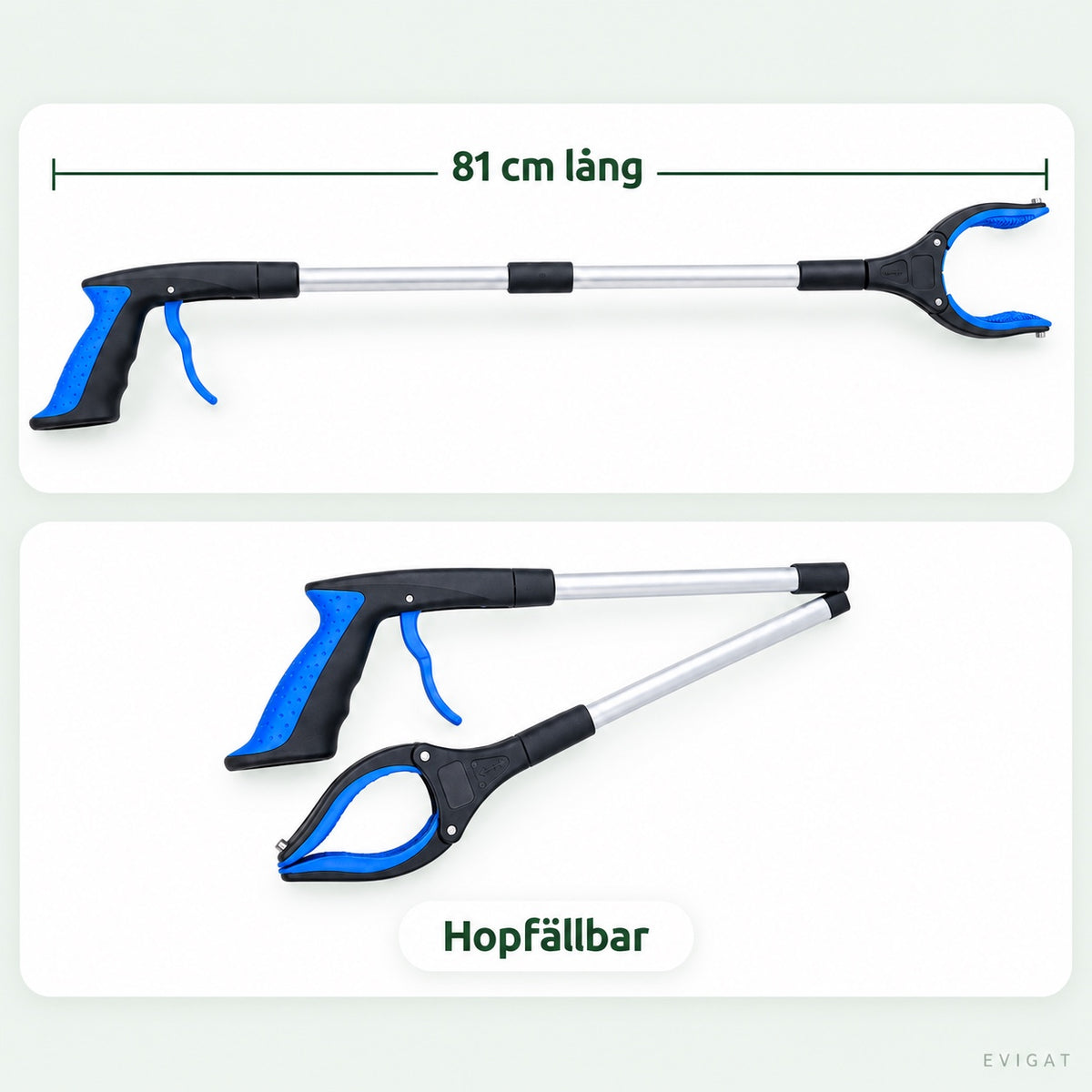 Griptången utfälld med måttlinje 81 cm och hopfälld under, med texten Hopfällbar