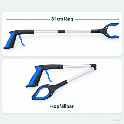 Griptången utfälld med måttlinje 81 cm och hopfälld under, med texten Hopfällbar