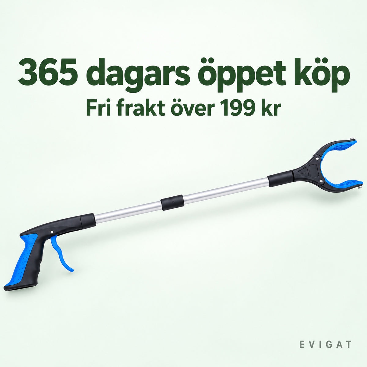 Blå och svart griptång med texten 365 dagars öppet köp och Fri frakt över 199 kr