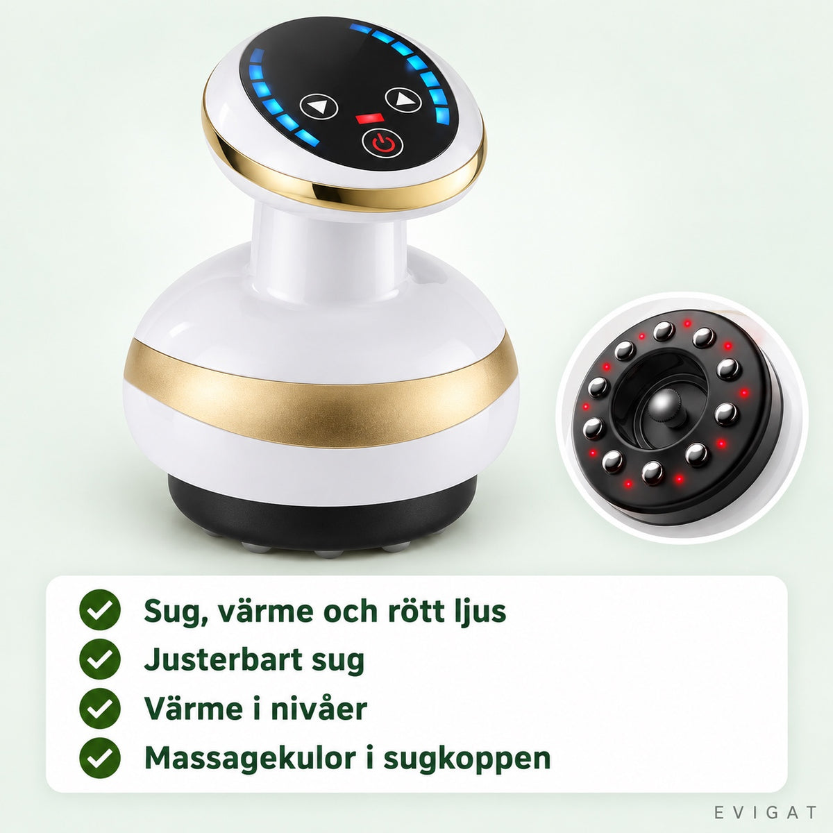 Vit och guldfärgad massageapparat med sug, värme och rött ljus, med inzoomad undersida av sugkoppen och fyra korta punkter