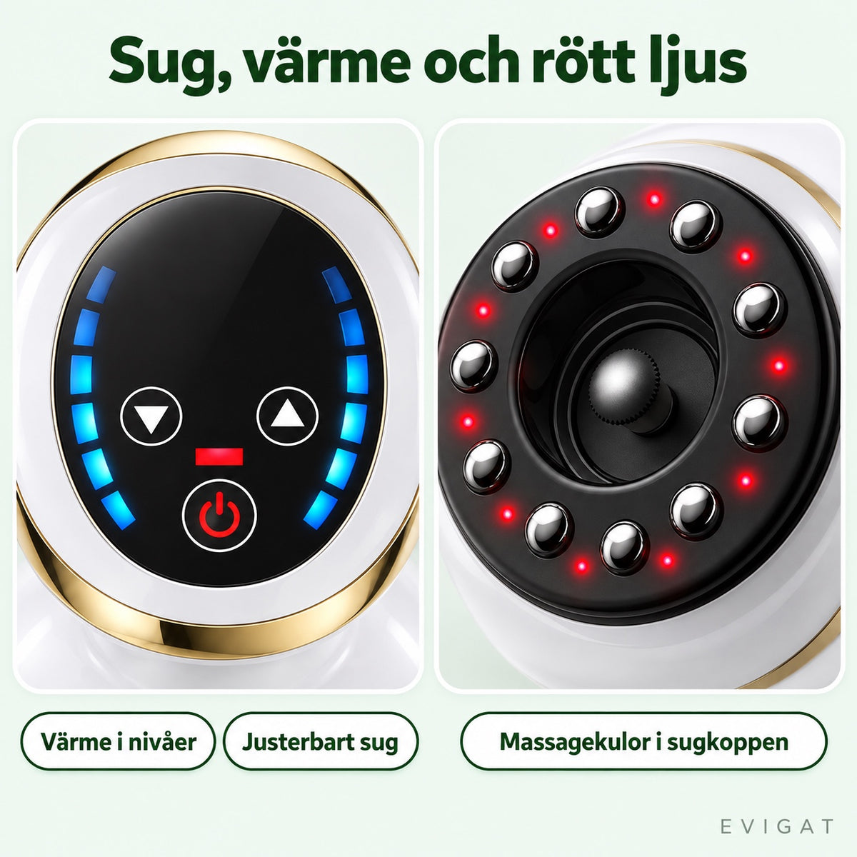 Närbilder av massageapparatens panel och sugkopp: värme i nivåer, justerbart sug och massagekulor i sugkoppen