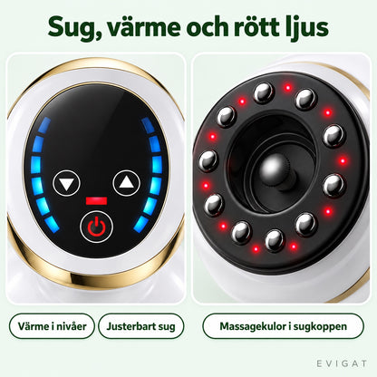 Närbilder av massageapparatens panel och sugkopp: värme i nivåer, justerbart sug och massagekulor i sugkoppen