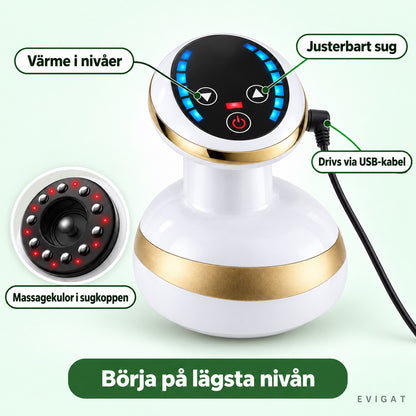 Massageapparaten med pekare på värme i nivåer, justerbart sug, USB-kabel och massagekulor i sugkoppen, samt texten börja på lägsta nivån