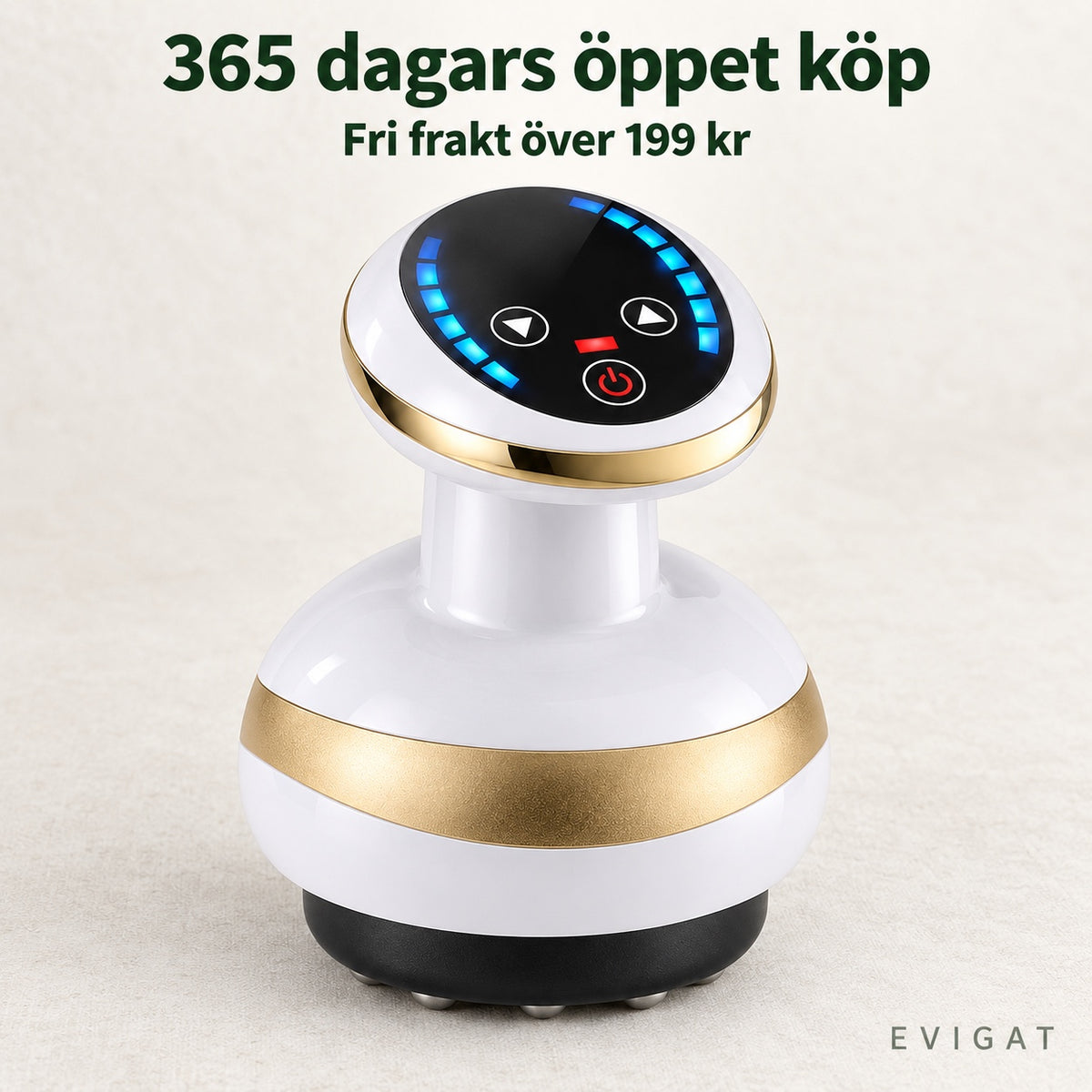 Vit och guldfärgad massageapparat med texten 365 dagars öppet köp och Fri frakt över 199 kr