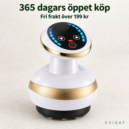 Vit och guldfärgad massageapparat med texten 365 dagars öppet köp och Fri frakt över 199 kr