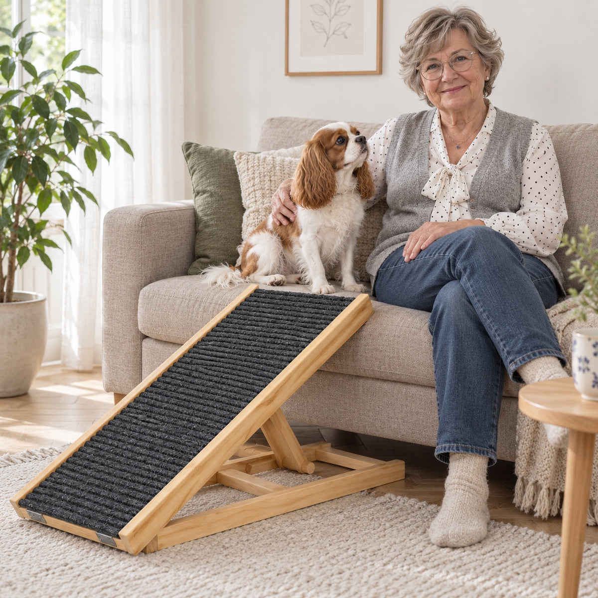 Äldre kvinna sitter i en soffa med sin lilla hund bredvid och en hopfällbar hundramp i trä med mörk räfflad mattyta i förgrunden