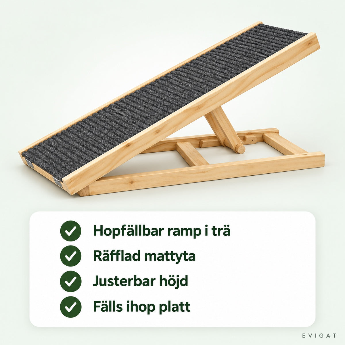 Hopfällbar hundramp i trä med mörk räfflad mattyta och fyra korta punkter om rampen