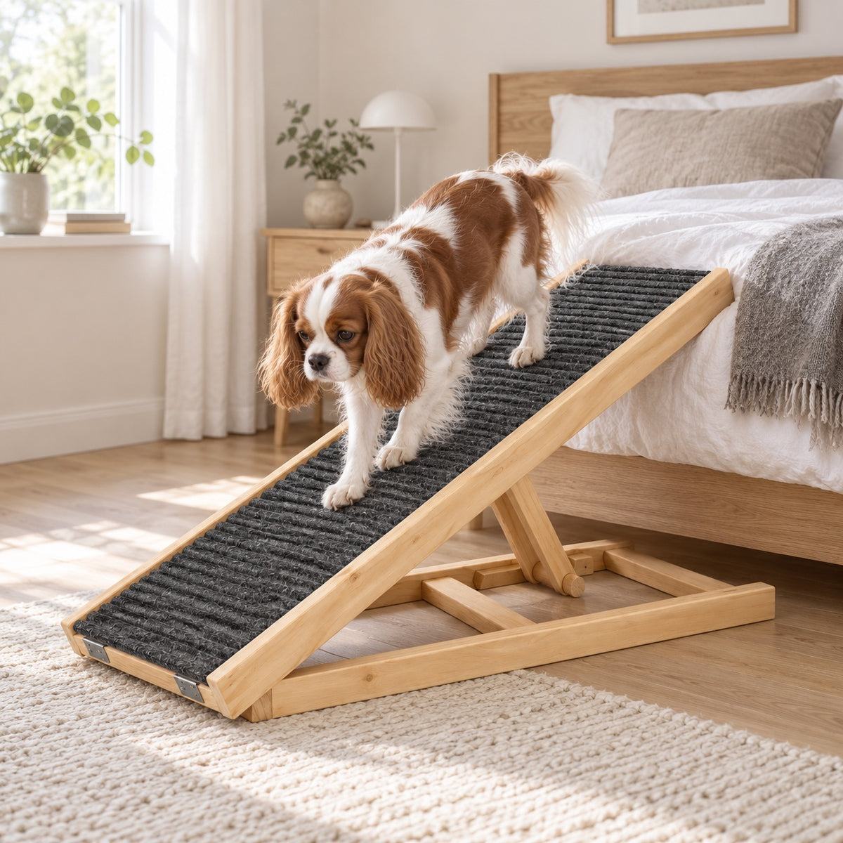 Liten hund går ned för hundrampen från en säng ner på golvet i ett sovrum