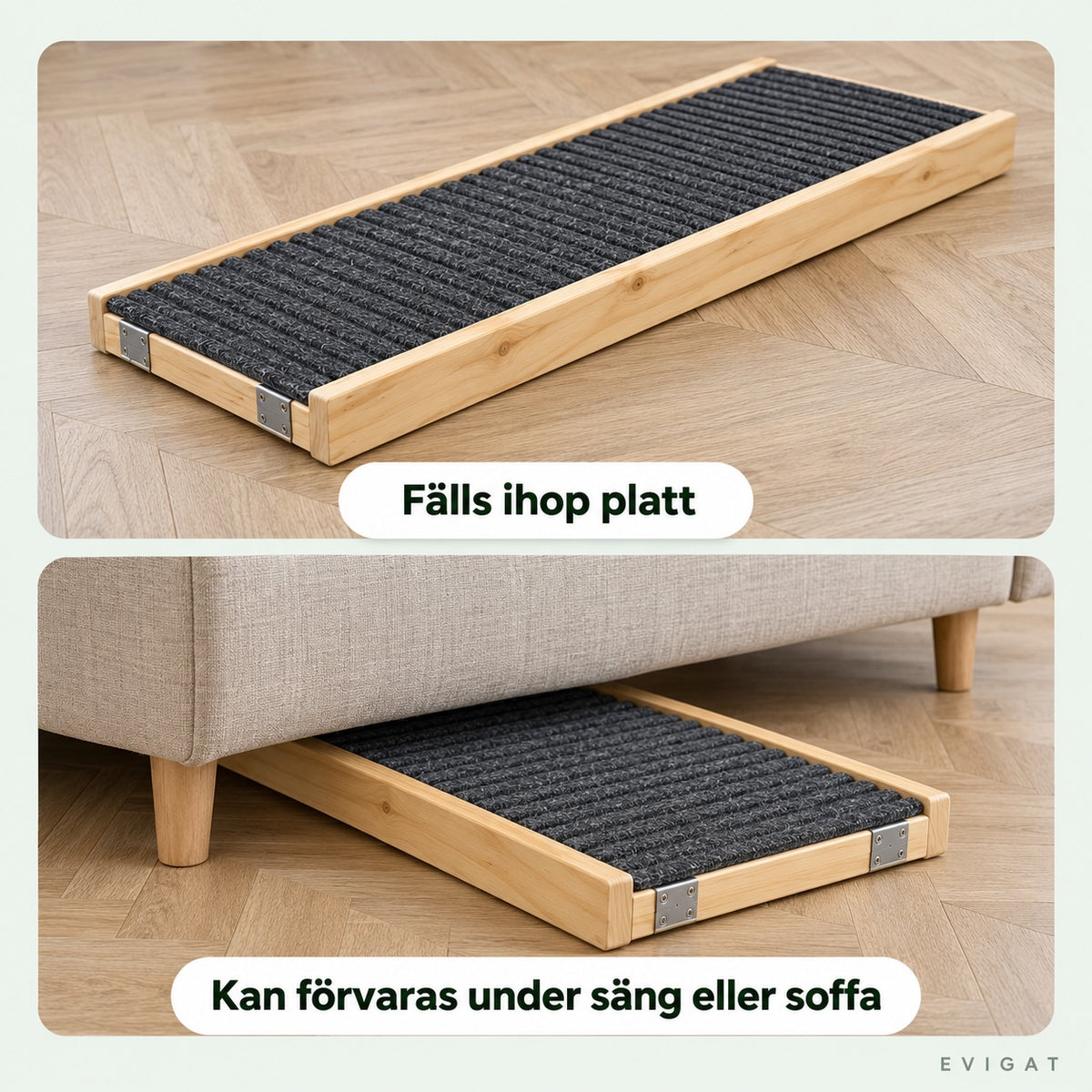 Hundrampen hopfälld platt på ett trägolv och halvvägs inskjuten under en soffa, med texterna fälls ihop platt och kan förvaras under säng eller soffa