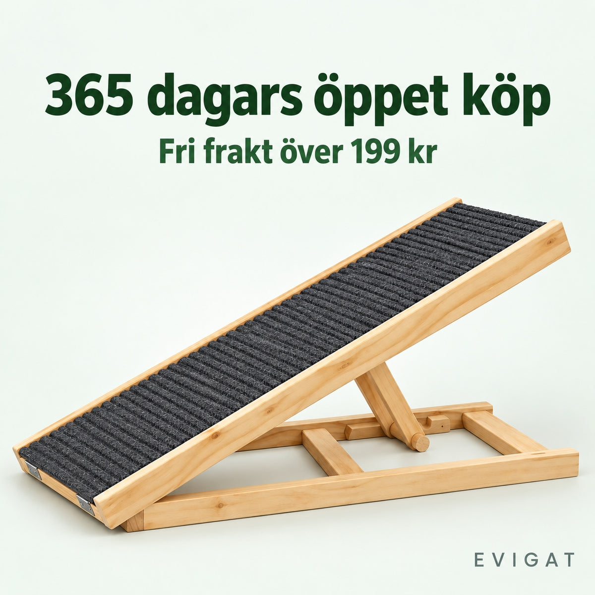 Hundramp i trä med mörk räfflad mattyta och texten 365 dagars öppet köp och Fri frakt över 199 kr
