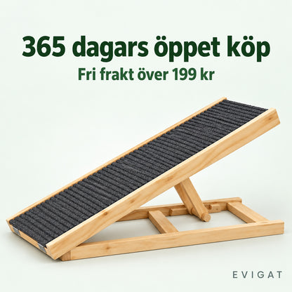 Hundramp i trä med mörk räfflad mattyta och texten 365 dagars öppet köp och Fri frakt över 199 kr