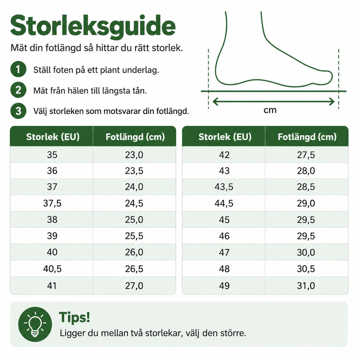 Storleksguide för Evigat innetofflor med tabell över skostorlek 35 till 49 och fotlängd i cm