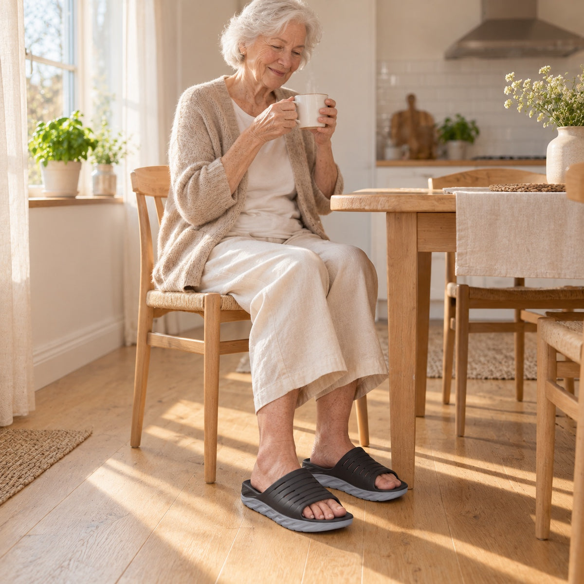 Senior kvinna med vitt hår sitter vid köksbordet med en kaffekopp och bär svarta Evigat-tofflor med mjuk sula