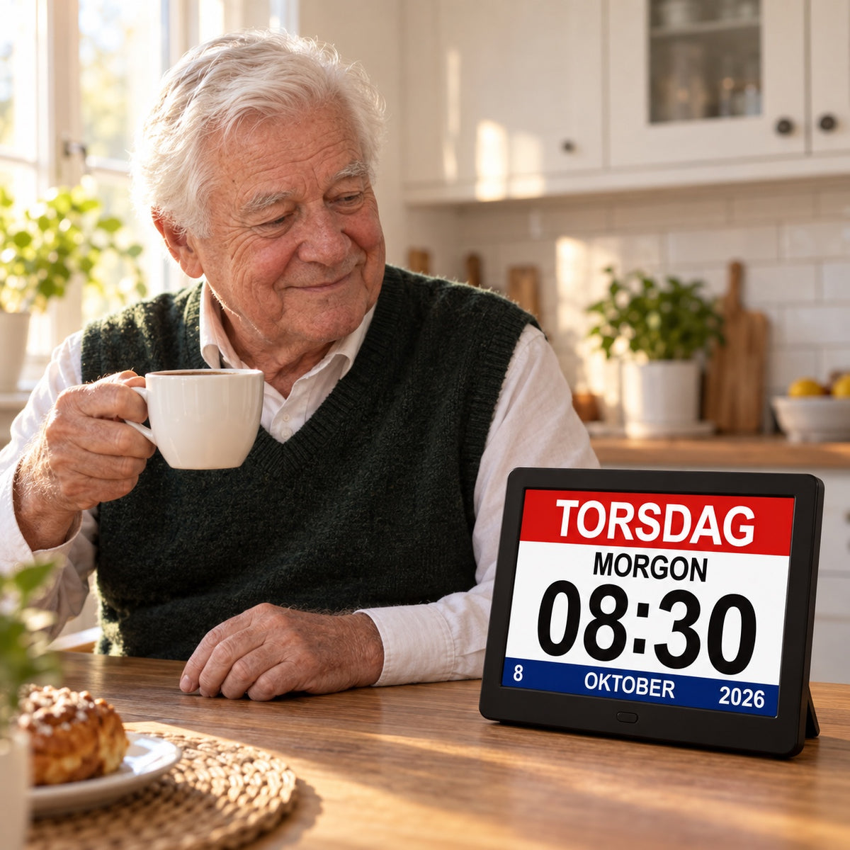 Äldre man dricker kaffe vid köksbordet och tittar på en kalenderklocka med tydlig dag, tid och datum
