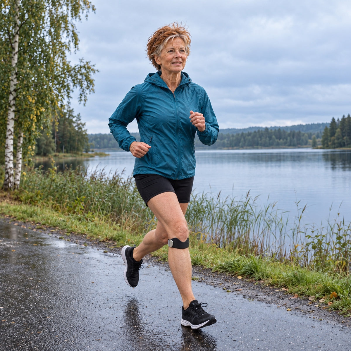 Kvinna joggar längs en sjö i regnväder med knärem under knäskålen