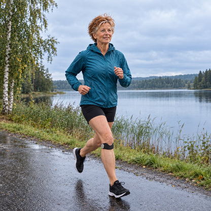 Kvinna joggar längs en sjö i regnväder med knärem under knäskålen