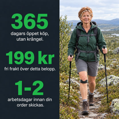 Texten 365 dagars öppet köp, fri frakt över 199 kr och 1 till 2 arbetsdagar innan din order skickas, bredvid en kvinna som vandrar med stavar