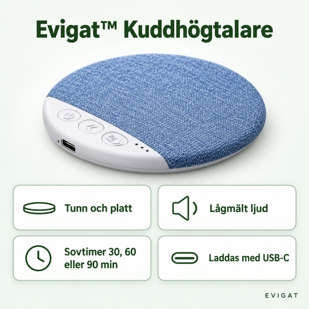 Tunn rund kuddhögtalare i blått tyg med vit kant, tre knappar och USB-C