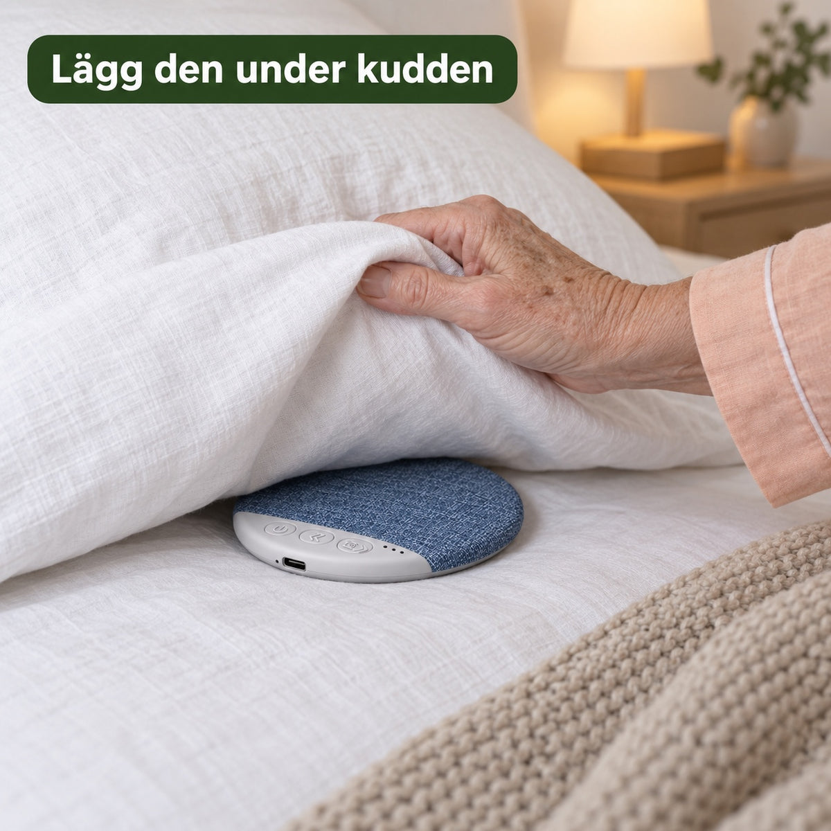 Hand lägger kuddhögtalaren platt under kudden