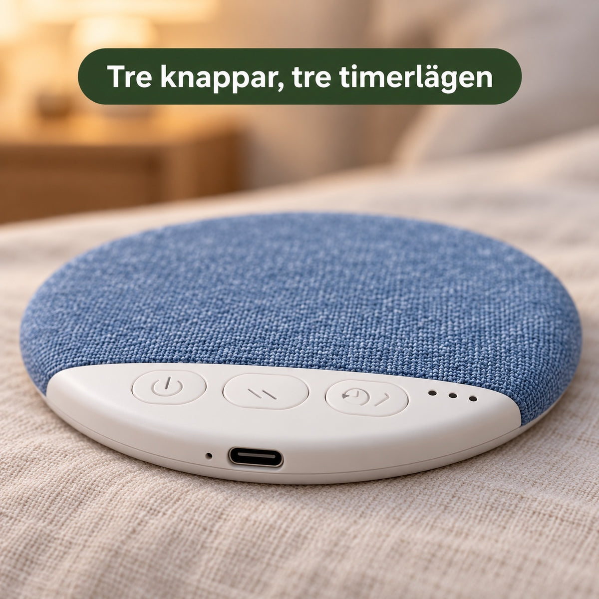 Närbild på kuddhögtalarens tre knappar, tre lampor och USB-C-uttag