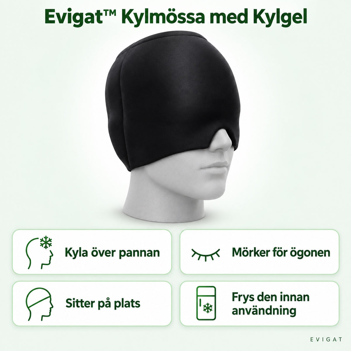 Svart kylmössa med kylgel på en huvuddocka med fyra fördelar: kyla över pannan, mörker för ögonen, sitter på plats och frys den före användning