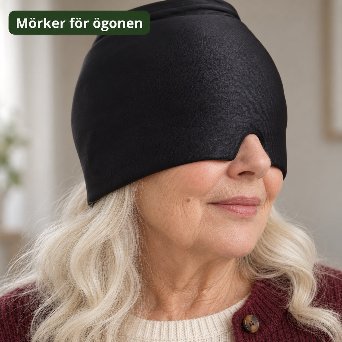 Närbild på kylmössans underkant med urtag för näsan som dras ner över ögonen