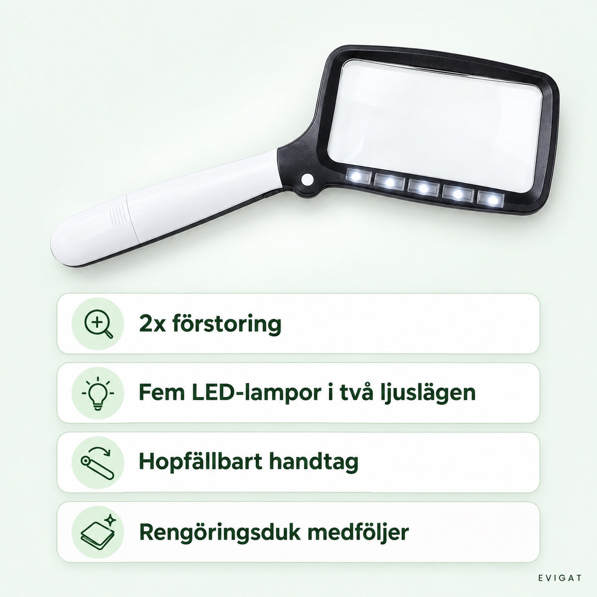 Hopfällbar läsluppe med svart ram, vitt handtag och fem LED-lampor, med fyra fördelar: 2x förstoring, två ljuslägen, hopfällbart handtag och rengöringsduk