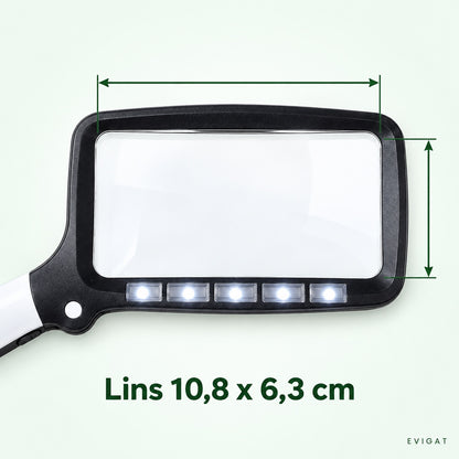 Närbild på läsluppens lins med fem tända LED-lampor och måtten 10,8 x 6,3 cm