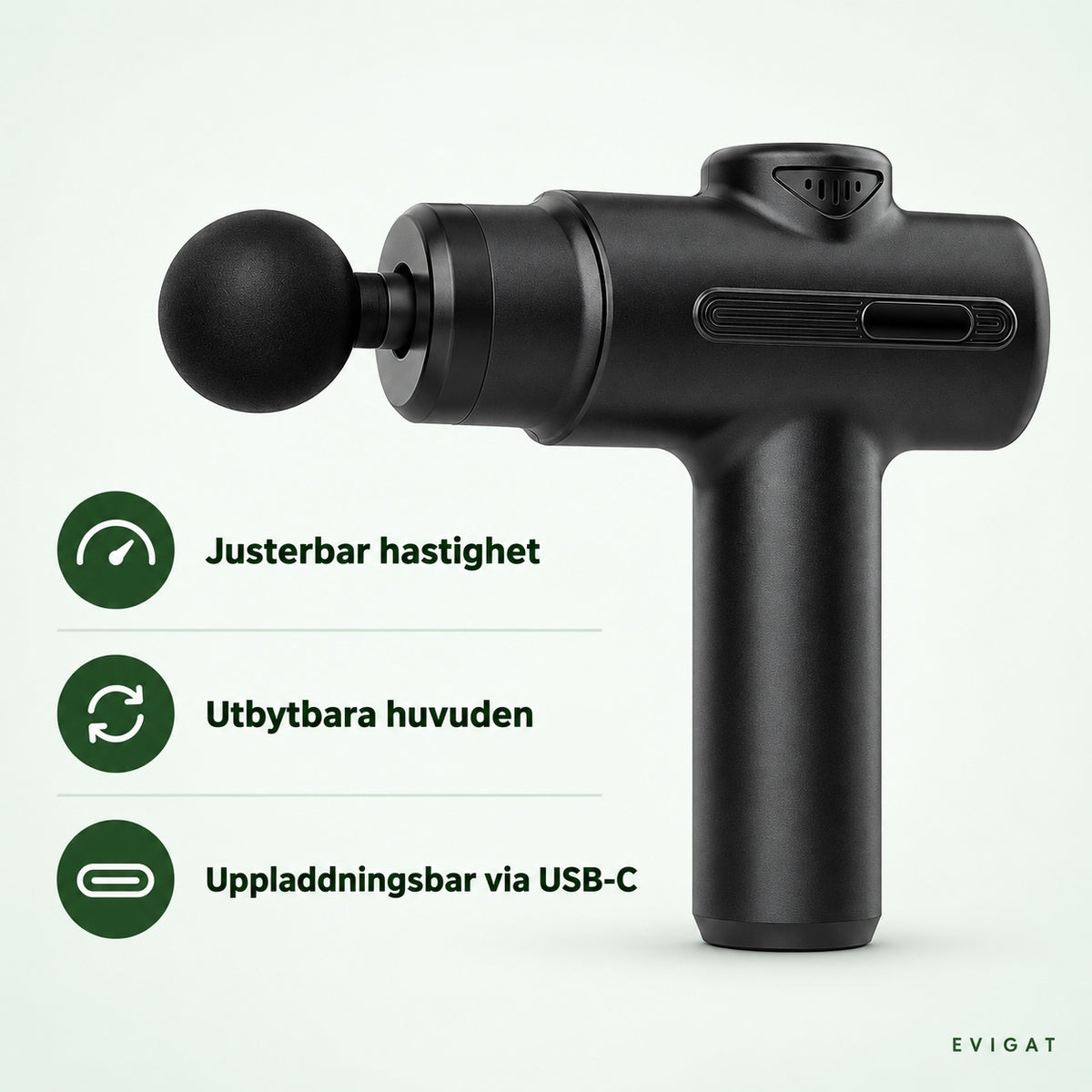 Svart massagepistol med tre rader text: justerbar hastighet, utbytbara huvuden och uppladdningsbar via USB-C