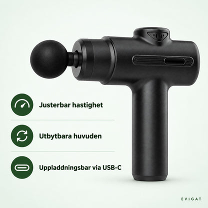 Svart massagepistol med tre rader text: justerbar hastighet, utbytbara huvuden och uppladdningsbar via USB-C