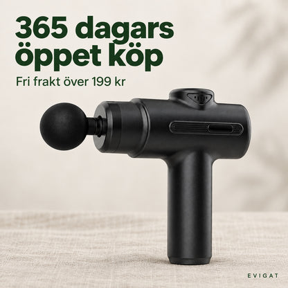 Svart massagepistol med texterna 365 dagars öppet köp och fri frakt över 199 kr