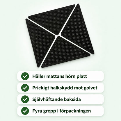 Fyra svarta triangulära mattgrepp med prickig yta, med texterna håller mattans hörn platt, prickigt halkskydd mot golvet, självhäftande baksida och fyra grepp i förpackningen