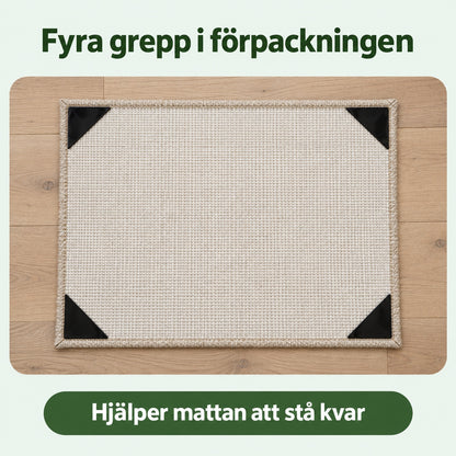 Matta upp och ned med ett svart grepp i vart och ett av de fyra hörnen, med texterna fyra grepp i förpackningen och hjälper mattan att stå kvar