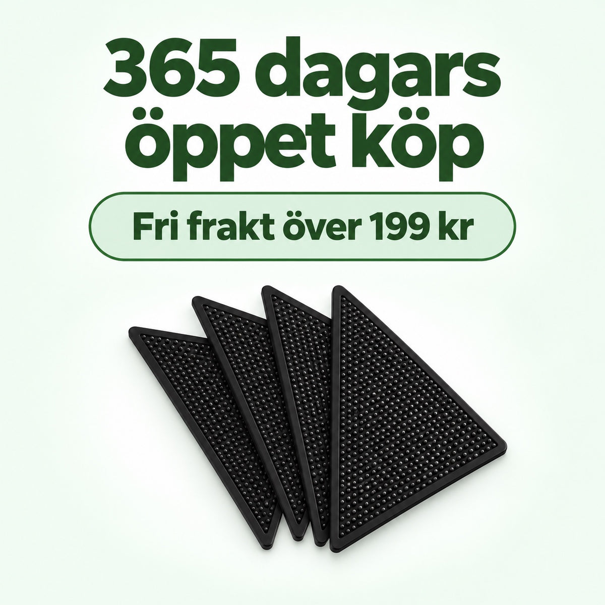 Fyra svarta mattgrepp med texten 365 dagars öppet köp och fri frakt över 199 kr