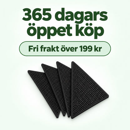 Fyra svarta mattgrepp med texten 365 dagars öppet köp och fri frakt över 199 kr