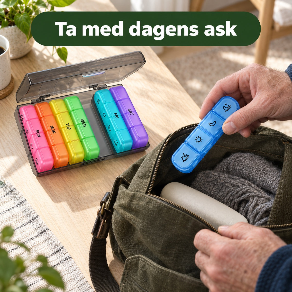 Händer tar en blå dagsask ur fodralet och lägger den i en handväska, med texten ta med dagens ask
