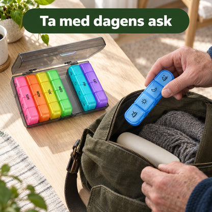 Händer tar en blå dagsask ur fodralet och lägger den i en handväska, med texten ta med dagens ask