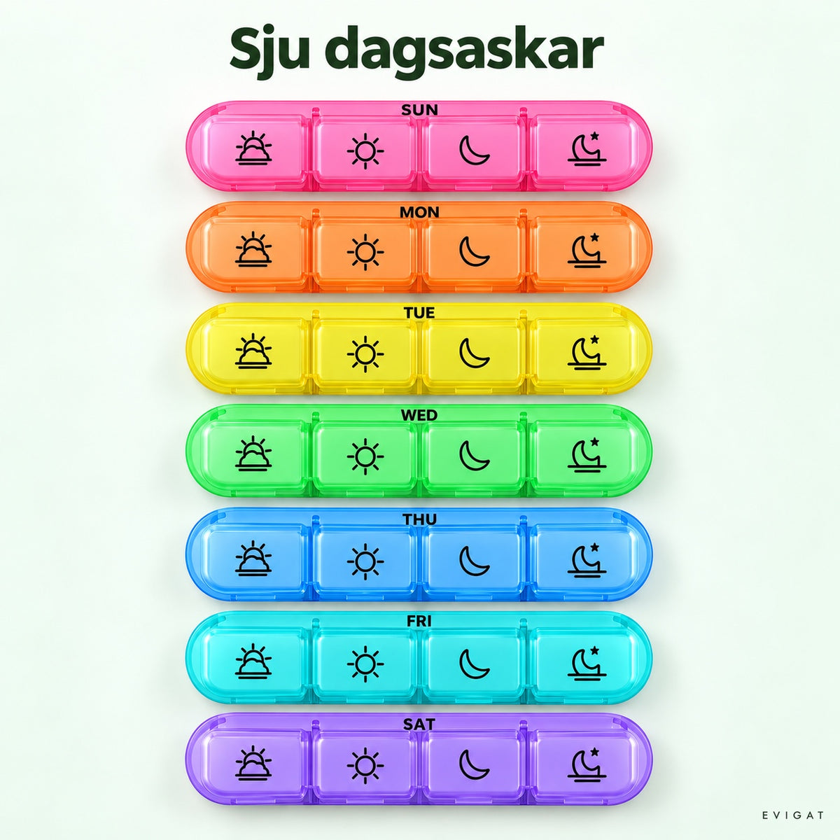 Sju färgade dagsaskar med fyra fack var, sedda rakt uppifrån, med texten sju dagsaskar