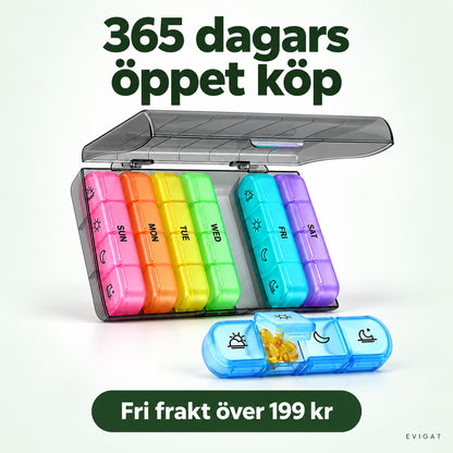 Veckodosett med sju färgade dagsaskar i ett mörkt fodral, med texterna 365 dagars öppet köp och fri frakt över 199 kr