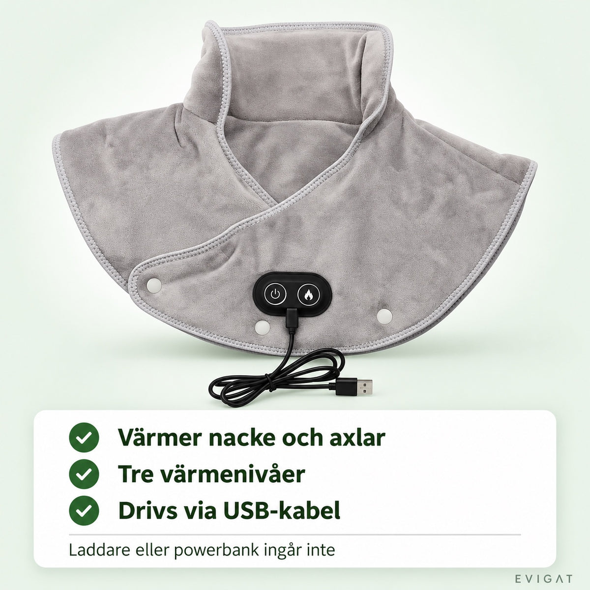 Nackvärmare i grå plysch med hög krage och USB-kabel, sedd framifrån, med tre korta punkter om värme och USB-kabel