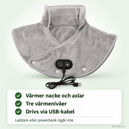 Nackvärmare i grå plysch med hög krage och USB-kabel, sedd framifrån, med tre korta punkter om värme och USB-kabel