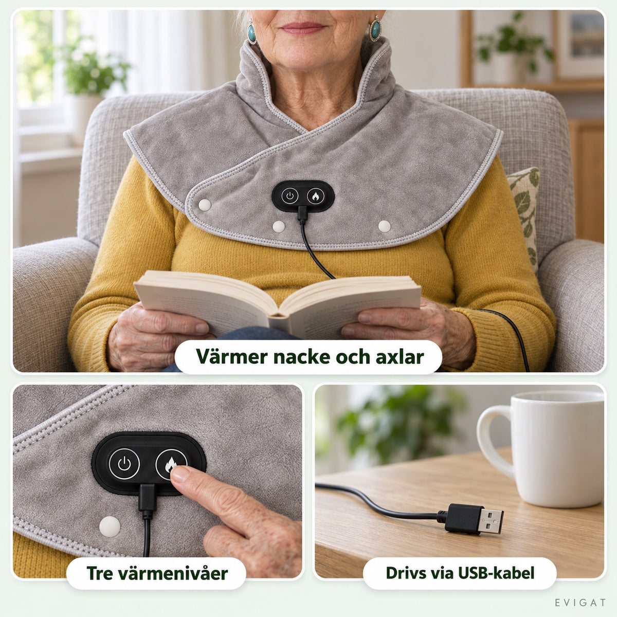 Nackvärmaren på en äldre kvinna i fåtölj, närbild av kontrollboxen där ett finger trycker på flamknappen och USB-kabelns kontakt på ett bord
