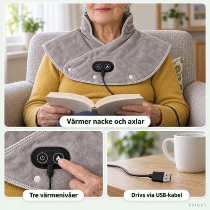 Nackvärmaren på en äldre kvinna i fåtölj, närbild av kontrollboxen där ett finger trycker på flamknappen och USB-kabelns kontakt på ett bord