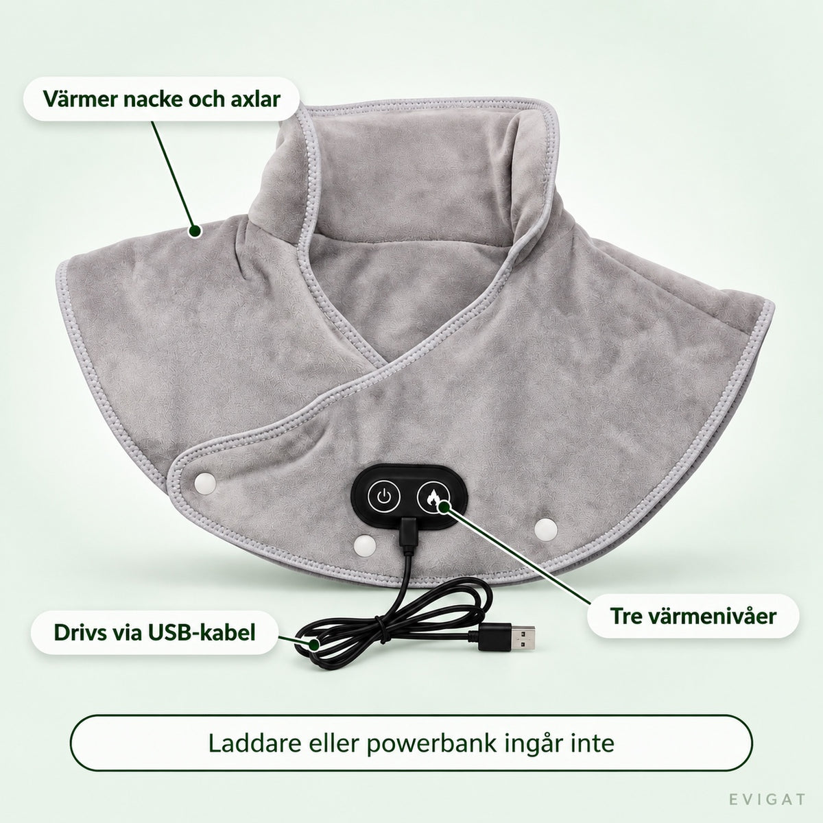 Nackvärmaren med förklarande pekare: värmer nacke och axlar, tre värmenivåer och drivs via USB-kabel, laddare eller powerbank ingår inte